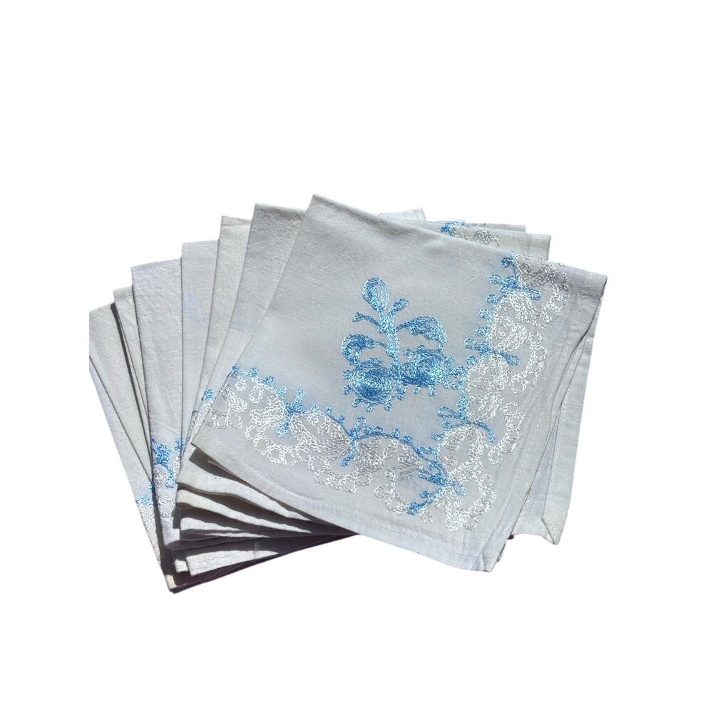 8 Heavily Embroidered Dinner Napkins Vintage Blue White Coastal Cottagecore
